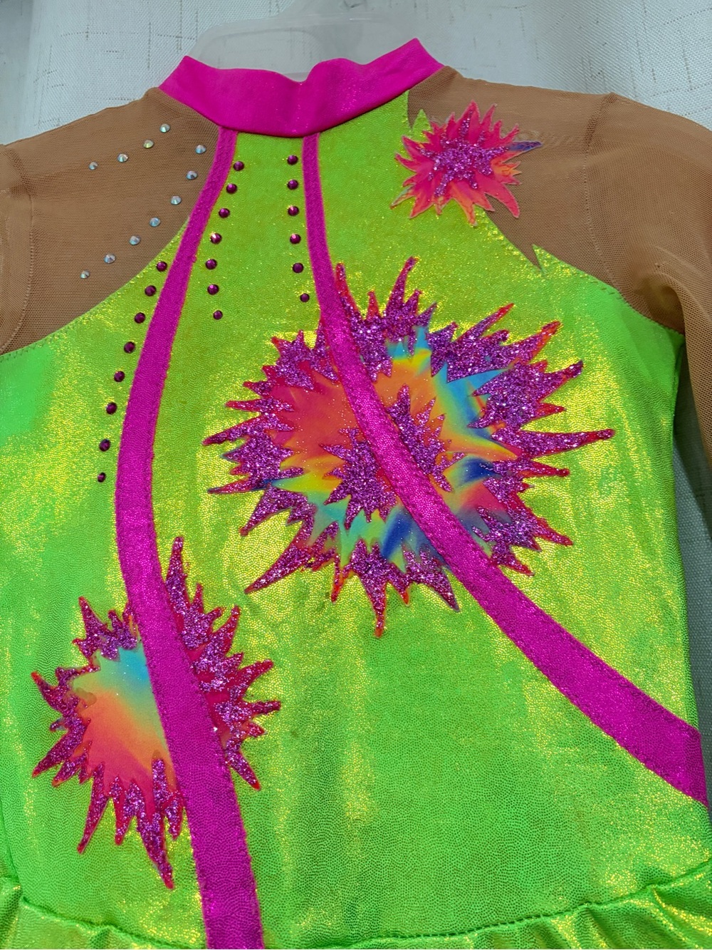 Neon Lime Green and Hot Pink Figure Skating Dress - Picture 2 of 4